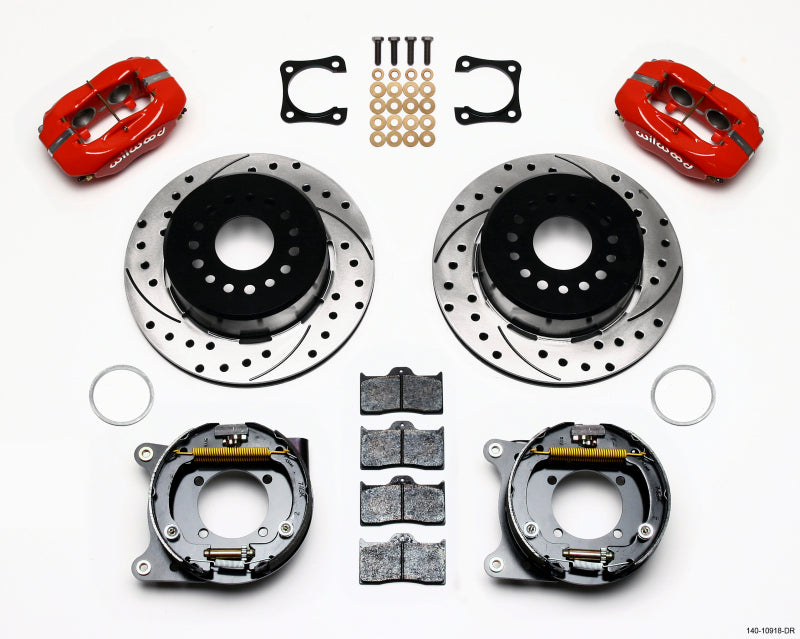 WIL Dynalite Brake Kit - Wilwood Forged Dynalite P/S Park Brake Kit Drilled Red Chevy 12 Bolt-Spec 3.15in Brng Staggered mt