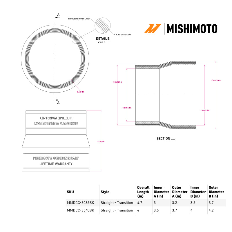 MM Couplers - Transition - Mishimoto Duracore 3.5in to 4in Transition Coupler