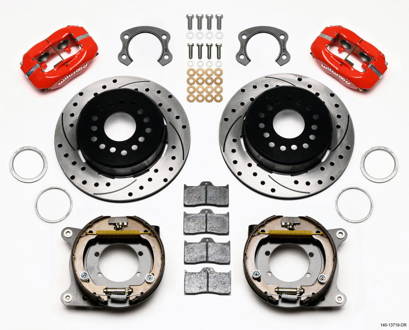 WIL Dynalite Brake Kit - Wilwood Forged Dynalite P/S Park Brake Kit Drilled Red Ford 8.8 Special w/2.50in Offset-5 Lug