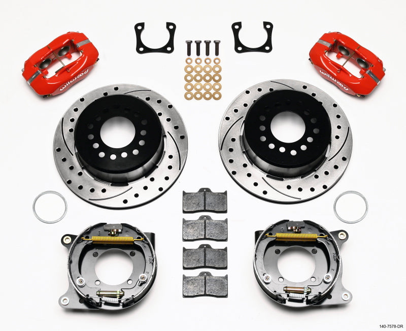 WIL Dynalite Brake Kit - Wilwood Forged Dynalite P/S Park Brake Kit Drilled Red Chevy 12 Bolt-Spec 3.15in Bearing