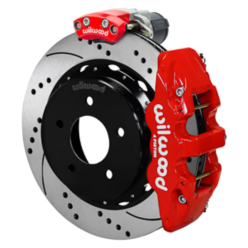 WIL Aero Brake Kit - Wilwood 88-98 GM C1500 Aero4 Rear Elec. Parking Brake Kit 14in SRP Rotor 3.25in Offset - Red