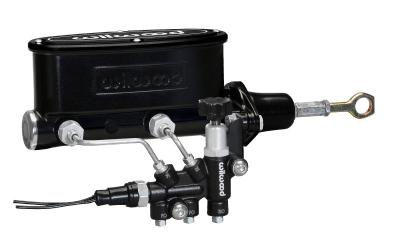 WIL Master Cylinder - Wilwood HV Tandem M/C Kit w L/H Bracket & Prop Valve - 7/8in Bore Black-W/Push. - Early Mustang