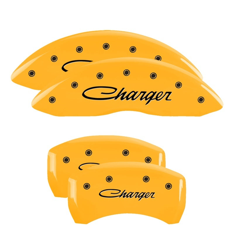 MGP Caliper Covers 4 Logo - MGP 4 Caliper Covers Engraved Front & Rear 05-10 Dodge Charger R/T Yellow Finish Black Cursive Logo