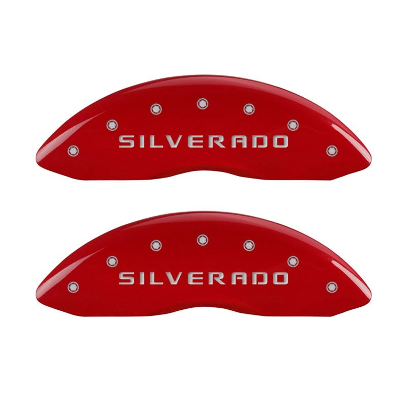 MGP Caliper Covers 2 Logo - MGP Front set 2 Caliper Covers Engraved Front Silverado Red finish silver ch
