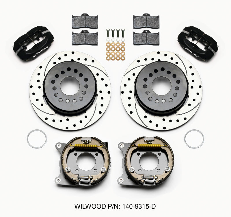 WIL Dynalite Brake Kit - Wilwood Forged Dynalite P/S Park Brake Kit Drilled 12 Bolt 2.75in offset Staggered Shock