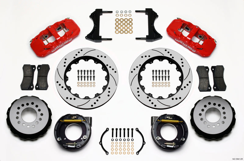 WIL Aero Brake Kit - Wilwood AERO4 Rear P-Brake Kit 14.00in Drilled Red Chevy C-10 2.42 Offset 5-lug