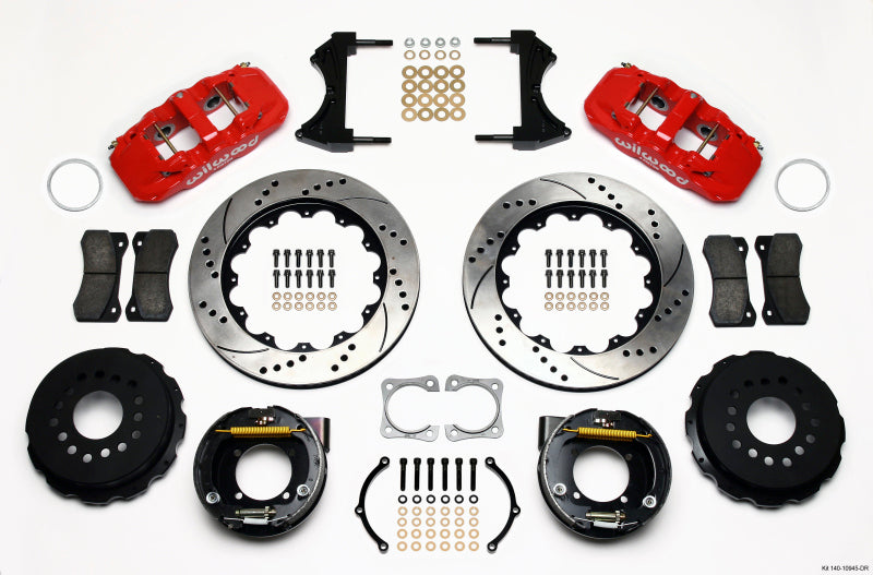 WIL Aero Brake Kit - Wilwood AERO4 Rear P-Brake Kit 14.00in Drilled Red Chevy 12 Bolt-Spec 3.15in Bearing