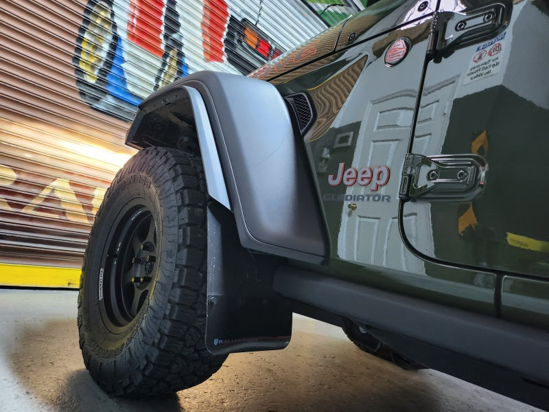 RAL UR Blk Flap/Met. Blk Logo - Rally Armor 19-25 Jeep JT Gladiator (Mojave/Rubicon) Black Mud Flap w/Metallic Black Logo