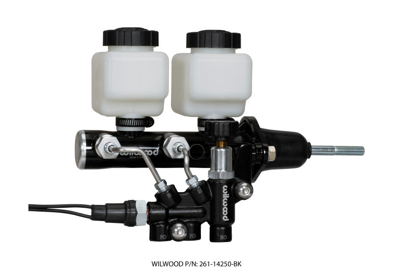 WIL Master Cylinder - Wilwood Tandem Remote M/C Kit w L/H Bracket & Prop Valve - 15/16in Bore Black-W/Pushrod