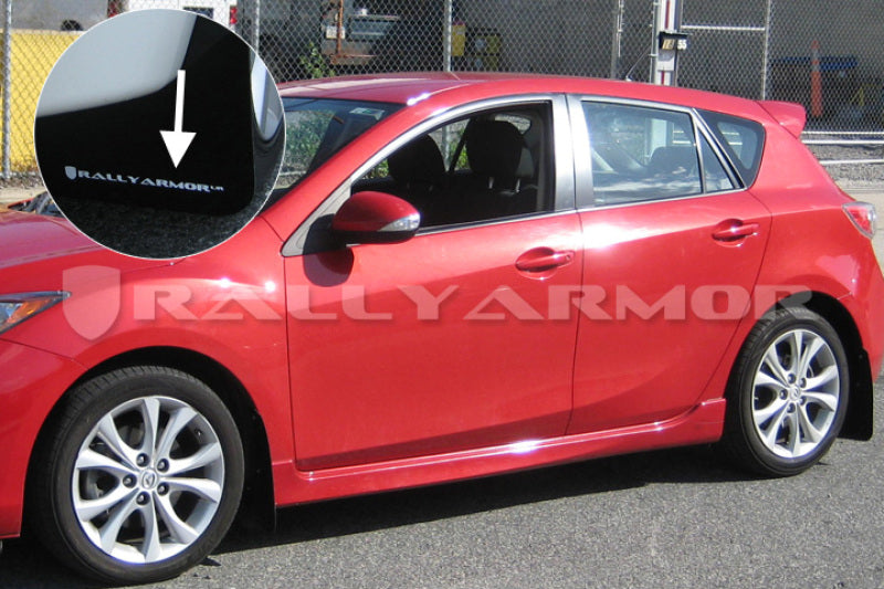 RAL UR Blk Flap/Wht Logo - Rally Armor 10-13 Mazda3/Speed3 (Hatch/Sedan) Black UR Mud Flap w/White Logo