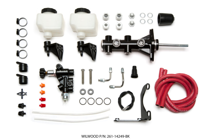 WIL Master Cylinder - Wilwood Tandem Remote M/C Kit w L/H Bracket & Prop Valve - 7/8in Bore Black-W/Pushrod