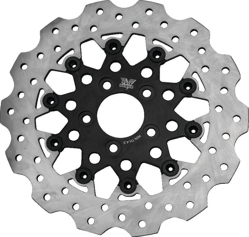 TWP Brake Rotors - Twin Power 84-17 Big Twin Exc 08-17 FLH FLT Rear 11.5 Scalloped Floating Rotor Black Mesh