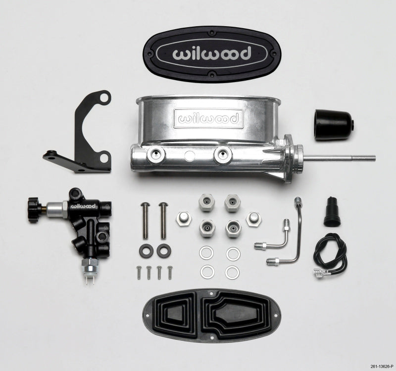WIL Master Cylinder - Wilwood HV Tandem M/C Kit w L/H Bracket & Prop Valve - 15/16in Bore Ball Burnished-W/Pushrod