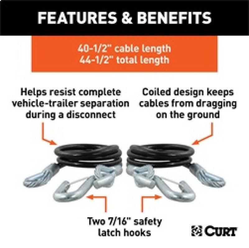 ROK Towing Solutions - RockJock Curt Towing Safety Cable Kit 44 1/2in Long w/ 2 Snap Hooks 5000lbs 2-Pack