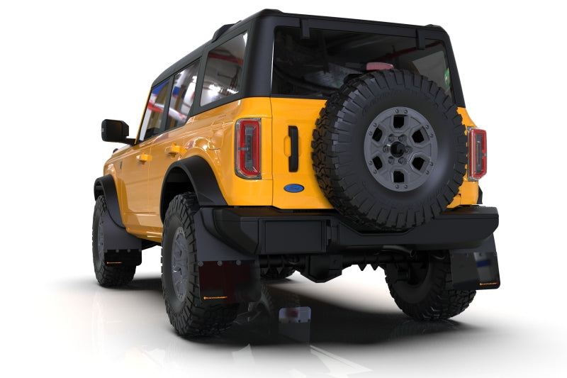 RAL Hybrid Blk Flap/Orange - Rally Armor 21-25 Ford Bronco (Plstc Bmpr + RB - NO Rptr/Sprt) Blk Mud Flap w/Cy Orange Logo
