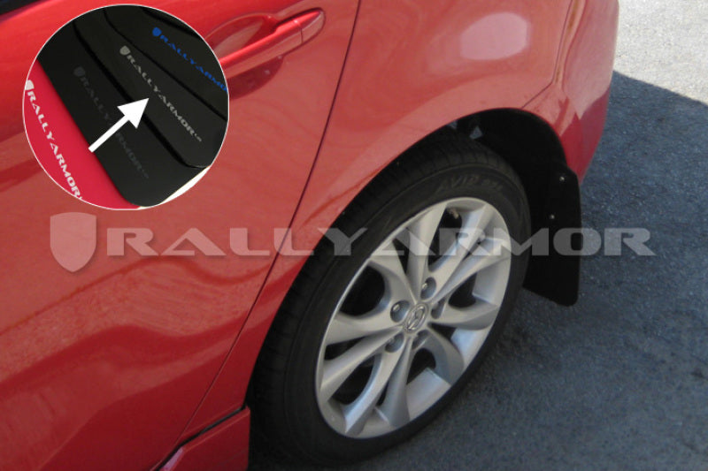 RAL Classic Blk Flap/Silv Logo - Rally Armor 10-13 Mazda3/Speed3 (Hatch/Sedan) Black UR Mud Flap w/Silver Logo