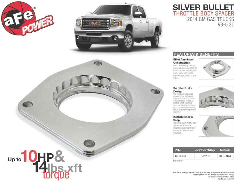 AFE Silver Bullet TBS CARB Approved - aFe Silver Bullet Throttle Body Spacers TBS 2014 GM Silverado/Sierra 1500 V8 5.3L