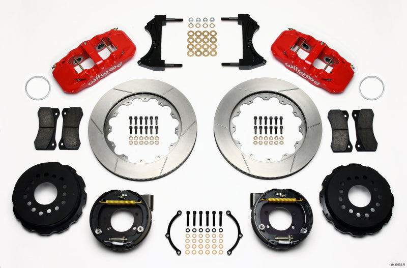 WIL Aero Brake Kit - Wilwood AERO4 Rear P-Brake Kit 14.00in Red Ford 8.8 w/2.5in Offset-5 Lug