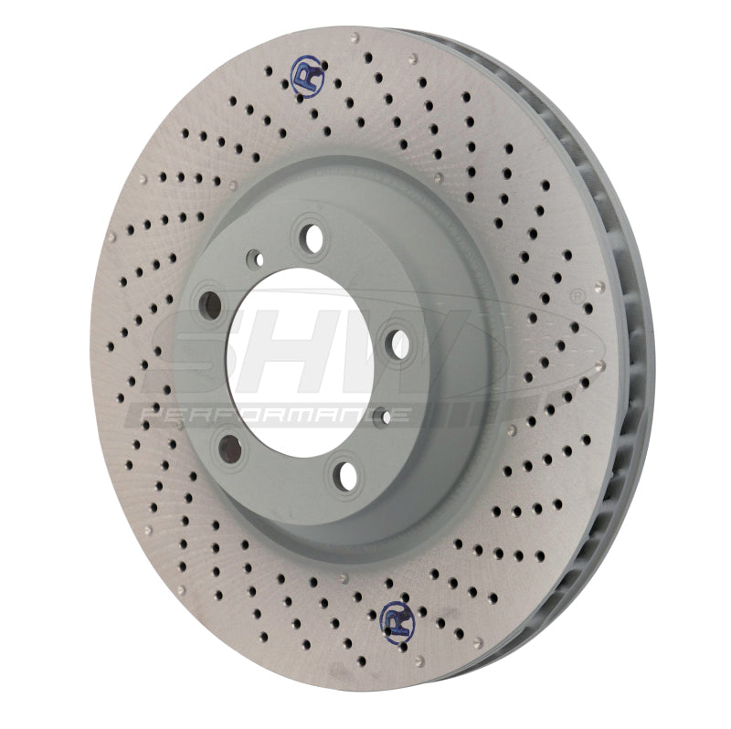 SHW Drilled-Dimpled MB Rotors - SHW 07-13 Porsche 911 Turbo w/o Ceramic Brakes Right Front Drill-Dimp MB Brake Rotor (99735140601)