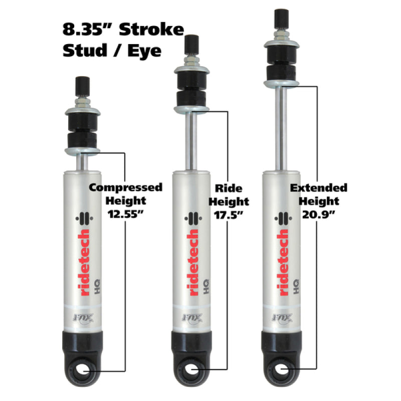 RID HQ Shocks - Ridetech HQ Series Shock Absorber Single Adjustable 8.35in Stroke Eye/Stud Mounting 12.55in x 20.9in