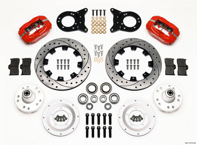 WIL Dynalite Brake Kit - Wilwood Forged Dynalite Front Kit 12.19in Drill Red 1970-1973 Mustang Disc & Drum Spindle