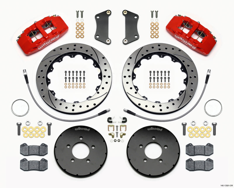 WIL Dynapro Brake Kit - Wilwood Dynapro 6 Front Hat Kit 12.88in Drilled Red 2005-Up Mazda 3 w/ Lines