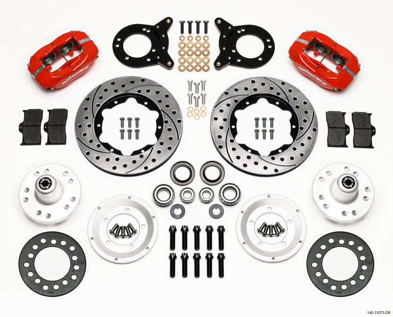 WIL Dynalite Brake Kit - Wilwood Forged Dynalite Front Kit 11.00in Drill Red 1970-1973 Mustang Disc & Drum Spindle