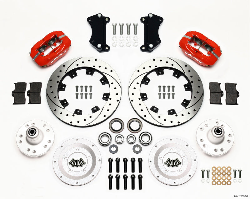 WIL Dynalite Brake Kit - Wilwood Forged Dynalite Front Kit 12.19in Drilled Red Heidts Tri -5 2 inch Drop Spindle