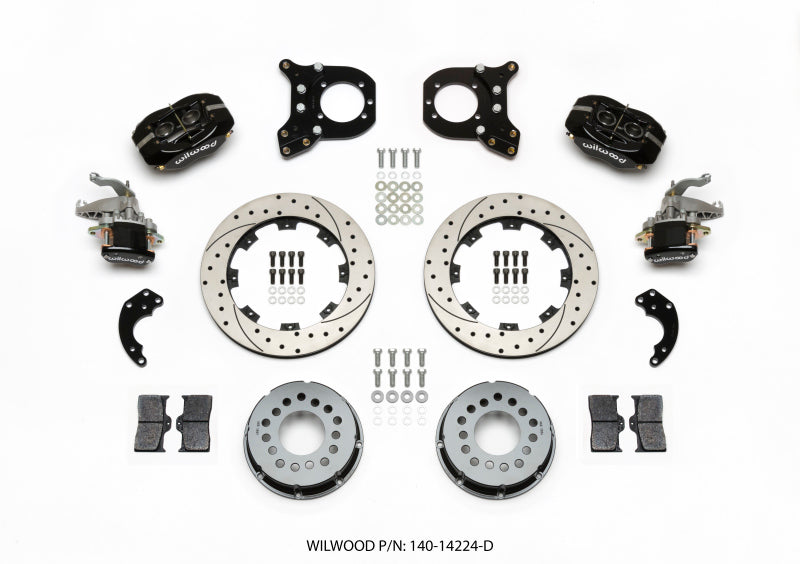 WIL Dynalite Brake Kit - Wilwood Forged Dynalite P/S Rear Kit w/MC4 P-Brake Drilled Chev 12 Bolt w/Clip Eliminator