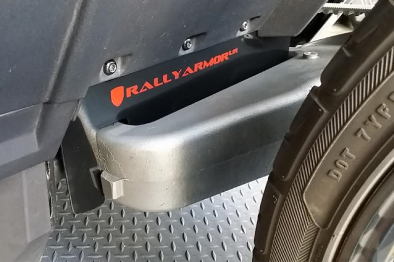 RAL Polaris Mudflaps - Rally Armor 15-24 Polaris Slingshot Rear Swingarm Black UR Mud Flap w/Orange Logo (MOQ 200 PCS)