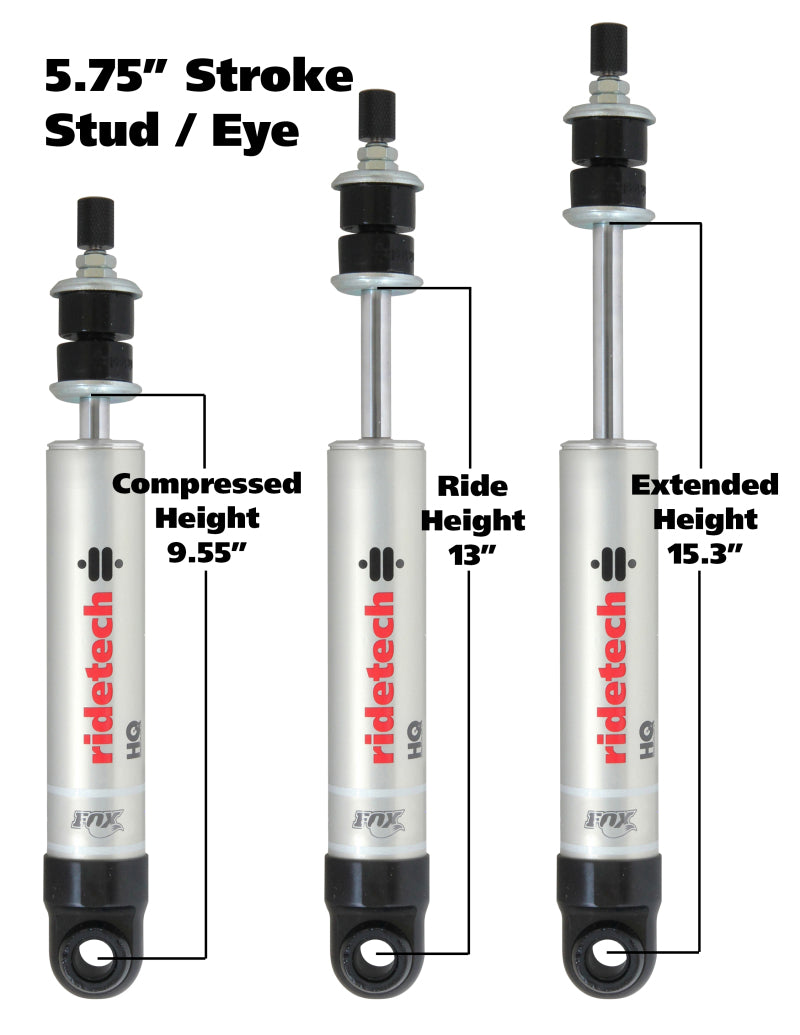 RID HQ Shocks - Ridetech HQ Series Shock Absorber Single Adjustable 5.75in Stroke Eye/Stud Mounting 9.55in x 15.3in