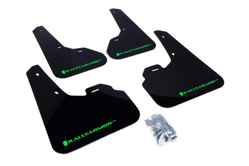 RAL UR Black Flap/Green Logo - Rally Armor 10-13 Mazda3/Speed3 (Hatch/Sedan) Black UR Mud Flap w/Green Logo