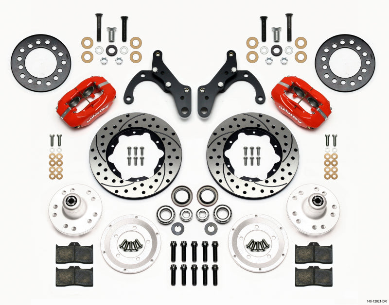 WIL Dynalite Brake Kit - Wilwood Forged Dynalite Front Kit 11.00in Drill-Red 65-68 Chevy Impala -Drum Spindle
