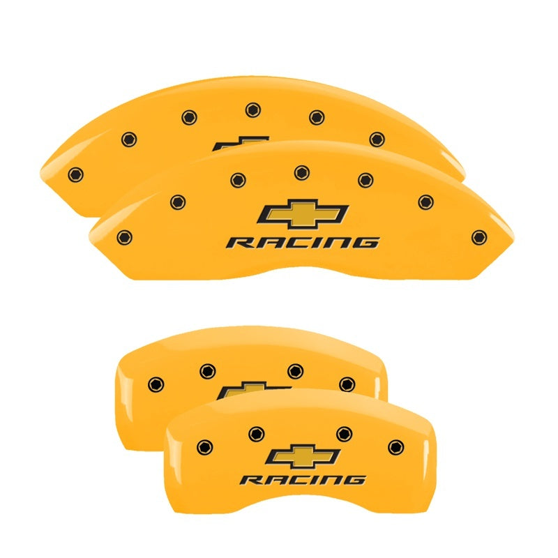 MGP Caliper Covers 4 Standard - MGP 4 Caliper Covers Engraved Front & Rear Chevy Racing Yellow Power Coat Finish Black Characters