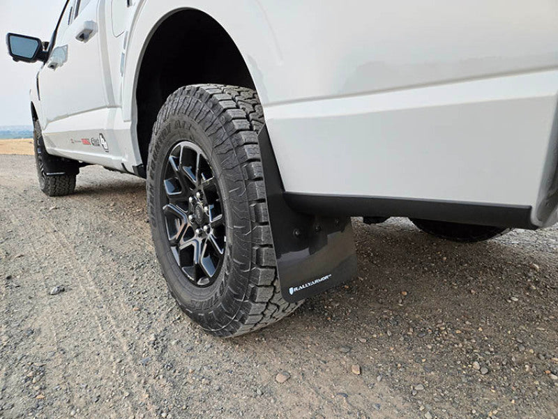 RAL UR Blk Flap/Met. Blk Logo - Rally Armor 21-25 Ford F-150 (Excl. Raptor) Black UR Mud Flap w/Metallic Black Logo