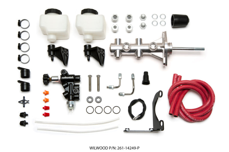 WIL Master Cylinder - Wilwood Tandem Remote M/C Kit w L/H Bracket & Prop Valve - 7/8in Bore Ball Burnished-W/Pushrod