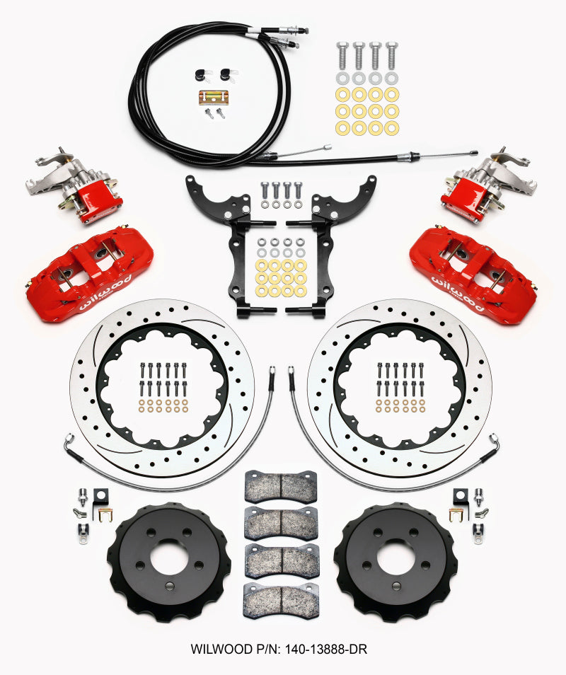 WIL Aero Brake Kit - Wilwood AERO4 / MC4 Rear Kit 14.00 Drilled Red 15-23 Mustang w/Lines & Cables