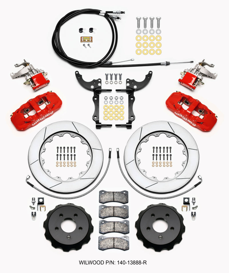 WIL Aero Brake Kit - Wilwood AERO4 / MC4 Rear Kit 14.00 Red 15-23 Mustang w/Lines & Cables
