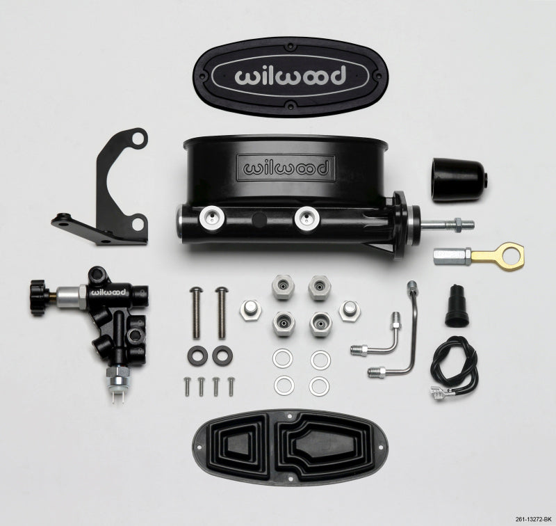 WIL Master Cylinder - Wilwood HV Tandem M/C Kit w L/H Bracket & Prop Valve - 7/8in Bore Black-W/Push. - Early Mustang