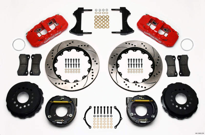 WIL Aero Brake Kit - Wilwood AERO4 Rear P-Brake Kit 14.00in Drill Red Ford 8.8 w/2.5in Offset-5 Lug