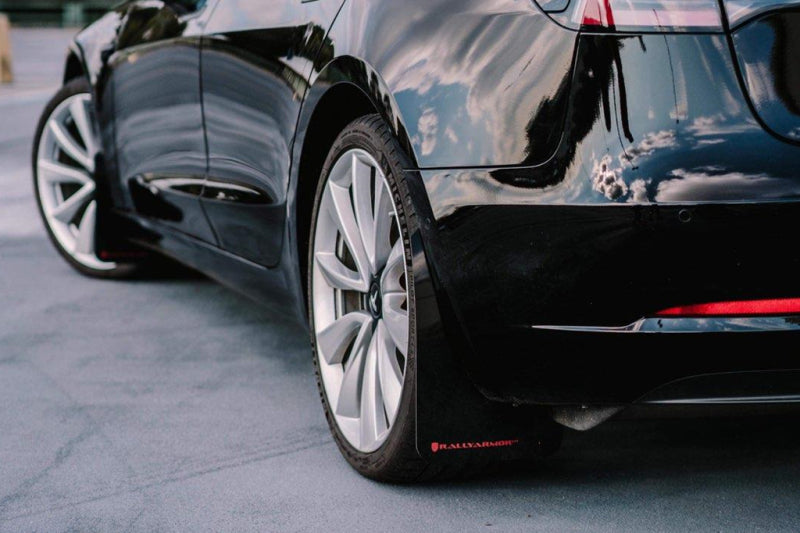 RAL UR Blk Flap/Met. Blk Logo - Rally Armor 17-23 Tesla Model 3 Black UR Mud Flap - Metallic Black Logo