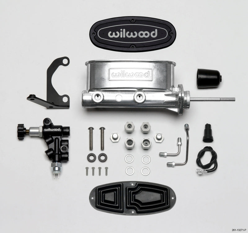 WIL Master Cylinder - Wilwood HV Tandem M/C Kit w L/H Bracket & Prop Valve - 7/8in Bore Ball Burnished-W/Pushrod