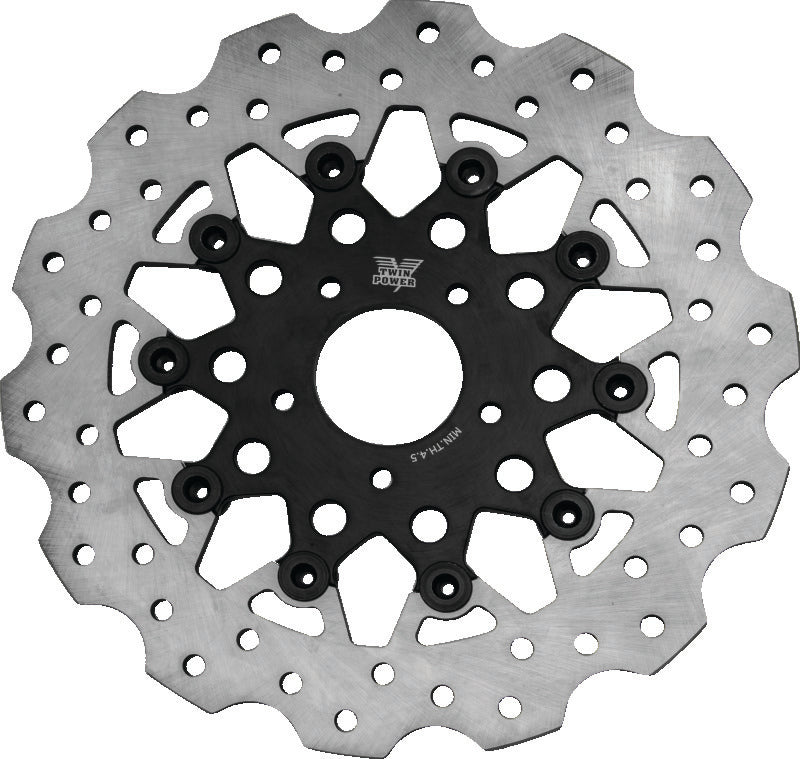 TWP Brake Rotors - Twin Power 08-13 FLH FLT 08-16 FLHR 06-17 Dyna Front 11.8 Scalloped Floating Rotor Black Mesh