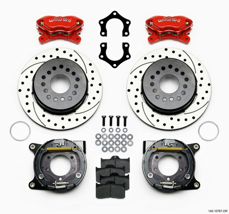 WIL Dynalite Brake Kit - Wilwood Forged Dynalite P/S Park Brake Kit Drilled Red Mopar/Dana 2.50in Off w/Snap Ring Bearing