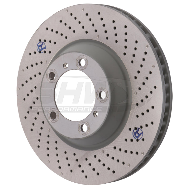 SHW Drilled-Dimpled MB Rotors - SHW 09-13 Porsche 911 Turbo w/Center Lock w/o Ceramic Brake Right Frt Drill-Dimp Rotor (99735140602)