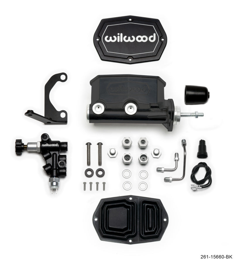 WIL Master Cylinder - Wilwood Compact Tandem M/C - 15/16in Bore w/RH Bracket and Valve (Pushrod) - Black