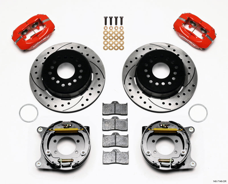 WIL Dynalite Brake Kit - Wilwood Forged Dynalite P/S Park Brake Kit Drilled Red Ford 8.8 w/2.5in Offset-5 Lug