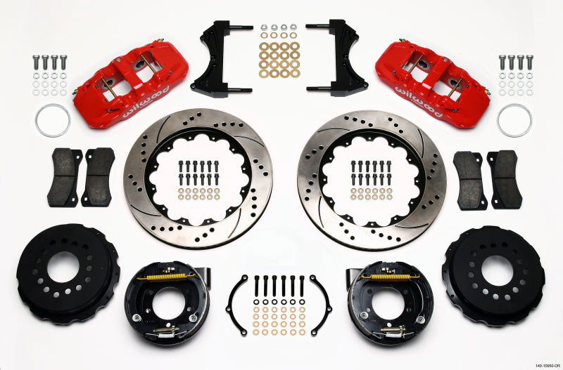 WIL Aero Brake Kit - Wilwood AERO4 Rear P-Brake Kit 14.00in Drill Red 2005-2014 Mustang
