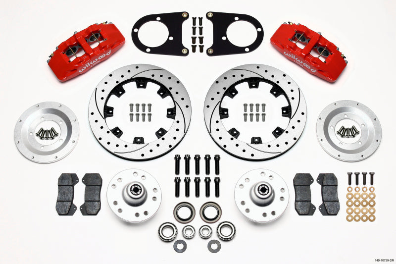 WIL Dynapro Brake Kit - Wilwood Dynapro 6 Front Hub Kit 12.19in Drilled Red 37-48 Ford Psgr. Car Spindle