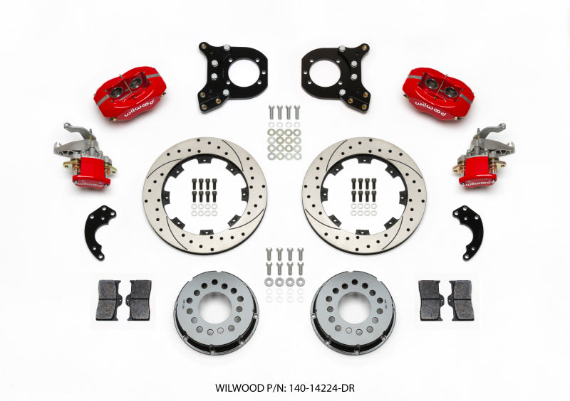 WIL Dynalite Brake Kit - Wilwood Forged Dynalite P/S Rear Kit w/MC4 P-Brake Drill Red Chev 12 Bolt w/Clip Eliminator